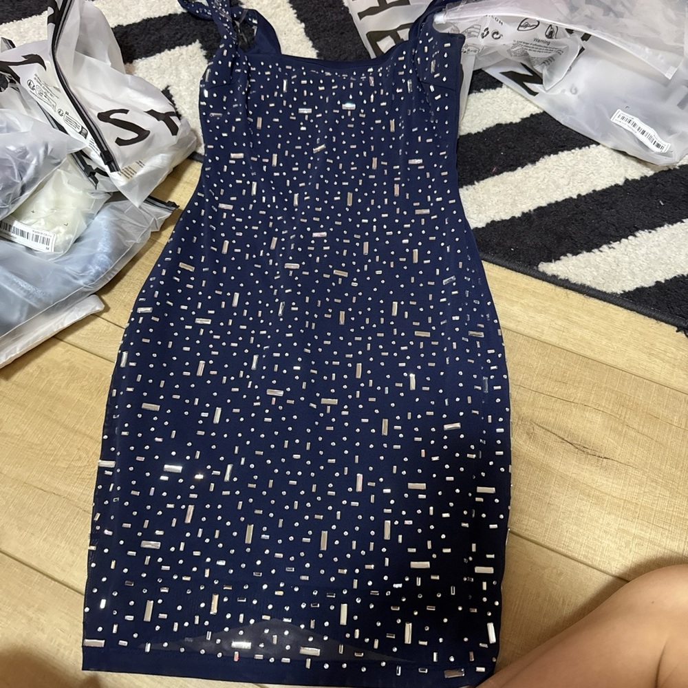 Windsor Navy Blue Mini Dress with rhinestoning